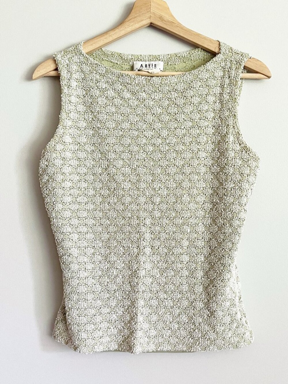 VTG A. Byer Top Size Large Y2K Green White Geometric Slinky Knit Fairycore Boho